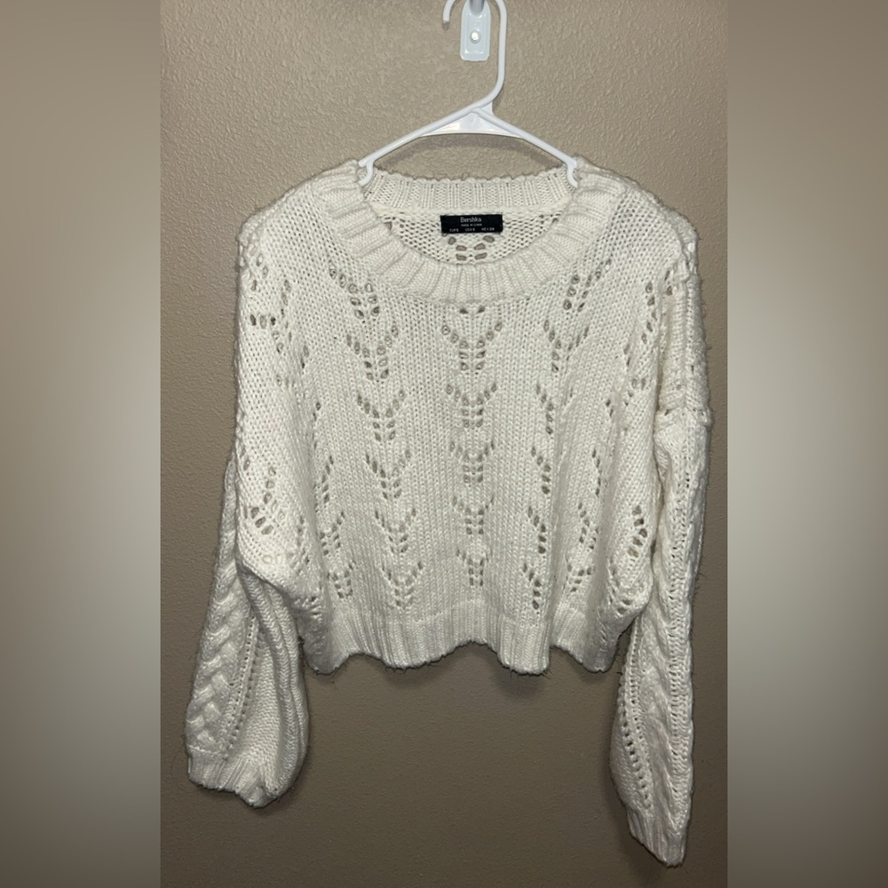 Bershka Cream Open-Weave Crewneck Sweater